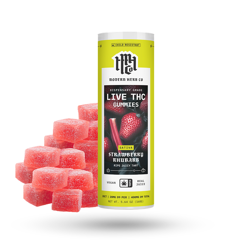Live D9 THC Gummies: Strawberry Rhubarb (Sativa) - 20ct