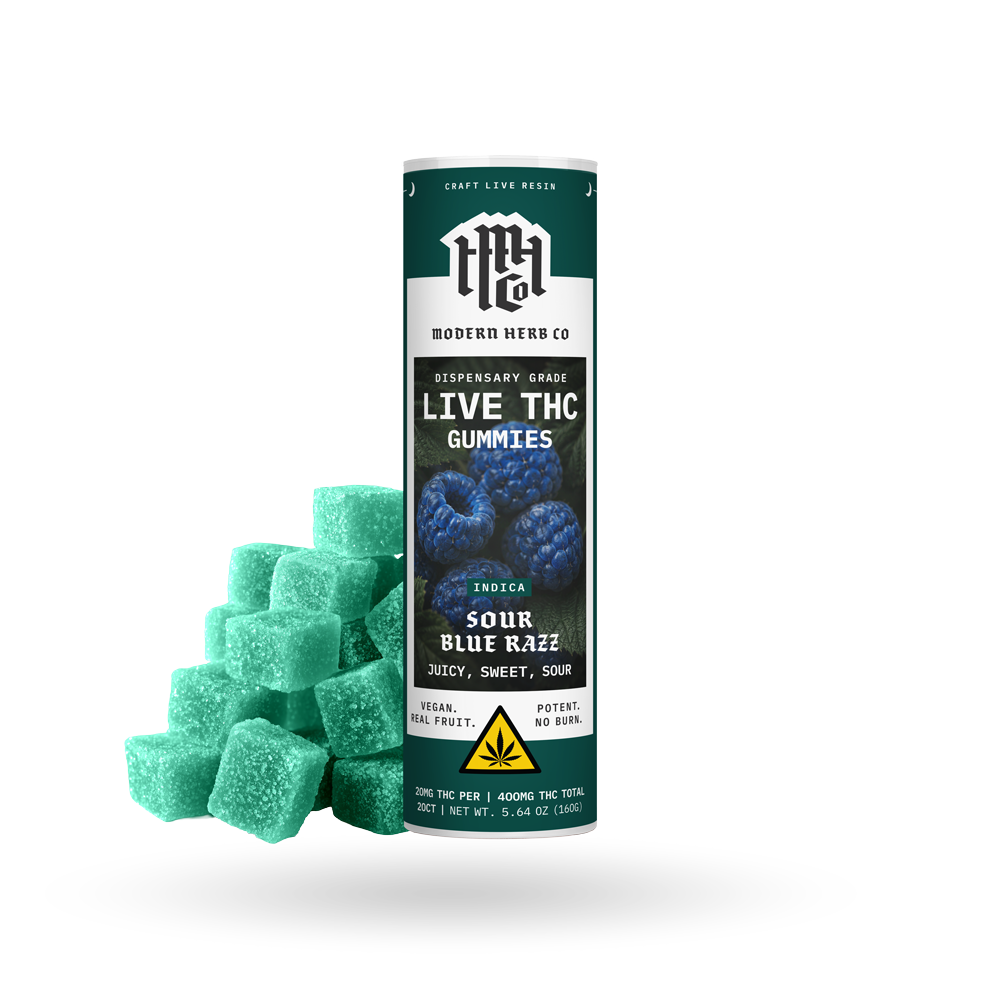 Live Resin D9 THC Gummies: Sour Blue Razz (Indica), 20ct