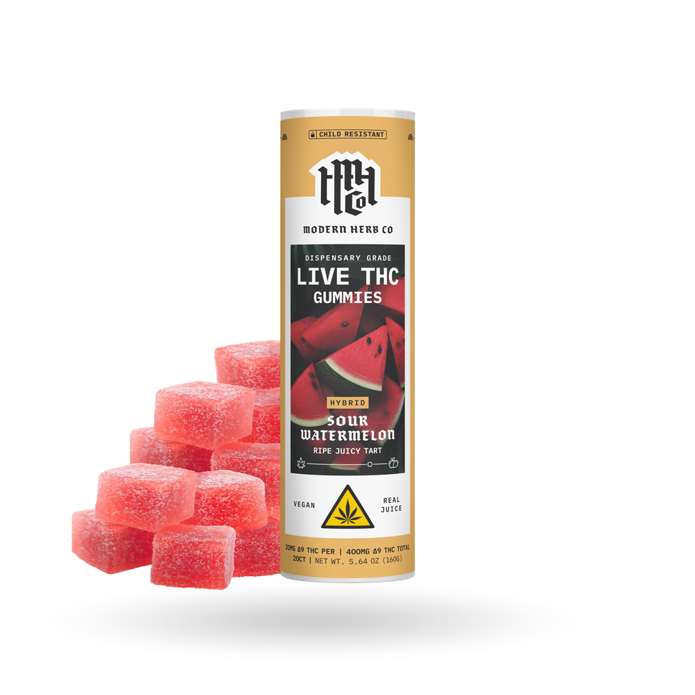 Live Resin D9 THC Gummies: Sour Watermelon (Hybrid), 20ct