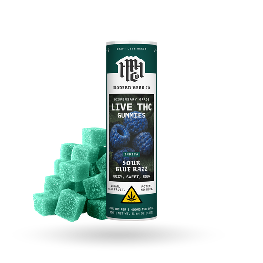 Live Resin D9 THC Gummies: Sour Blue Razz (Indica), 20ct